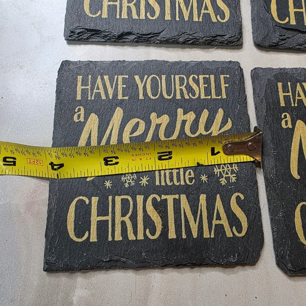 Merry Little Christmas Slate Coasters Set of 4 Black Gold Holiday Decor 4x4 G3